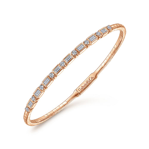 14K Rose Gold Alternating Baguette and Round Diamond Bangle