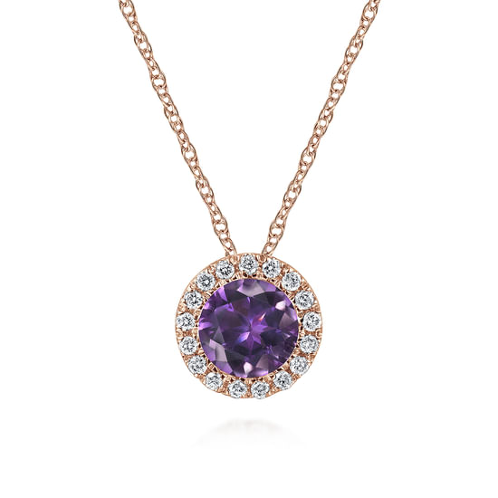 Gabriel - 14K Rose Gold Amethyst and Diamond Halo Pendant Necklace