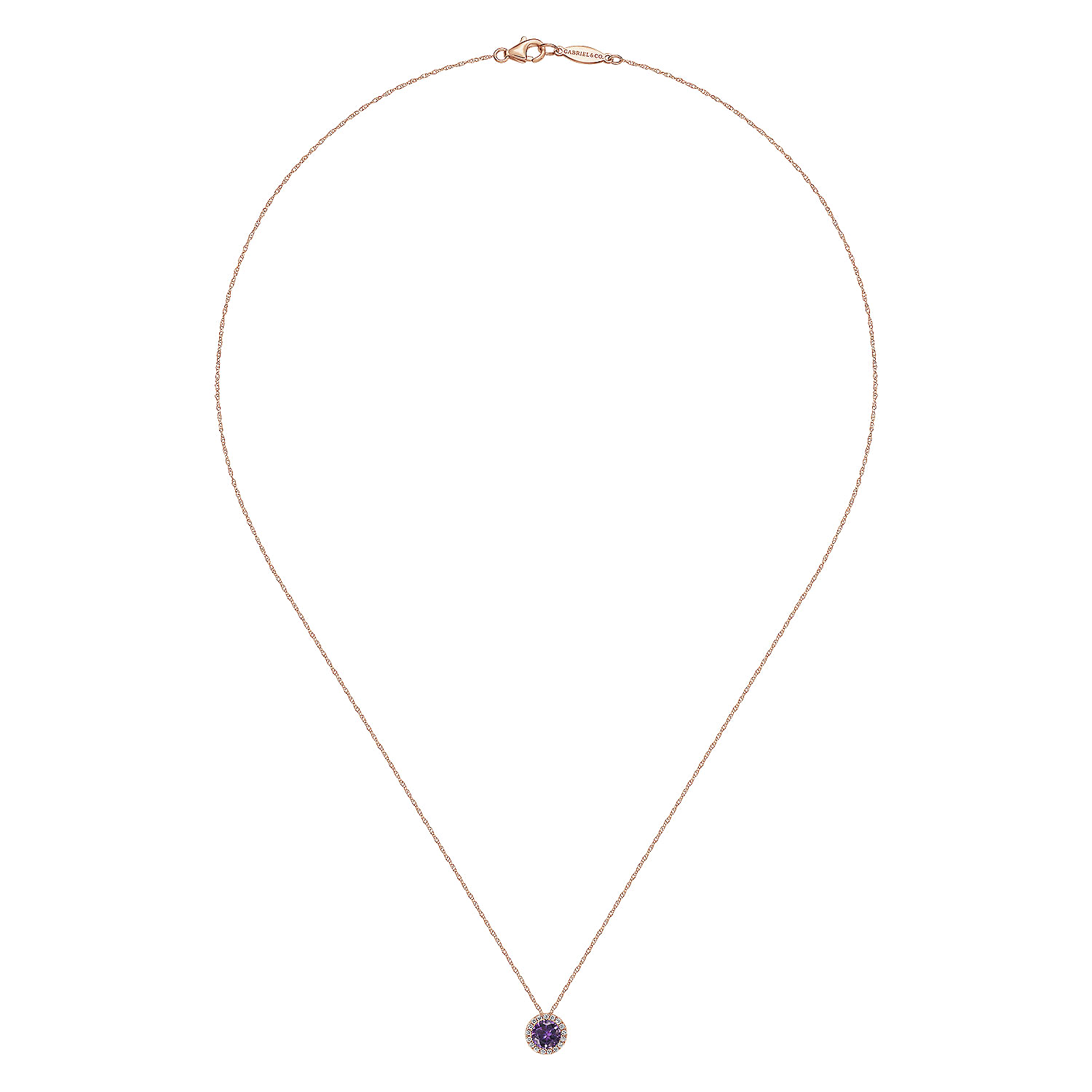 14K Rose Gold Amethyst and Diamond Halo Pendant Necklace