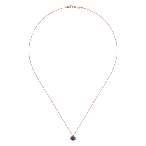 14K Rose Gold Amethyst and Diamond Halo Pendant Necklace