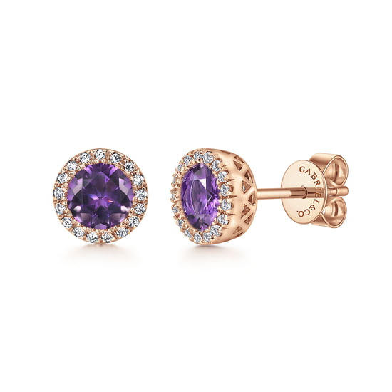 Gabriel - 14K Rose Gold Amethyst and Diamond Halo Stud Earrings