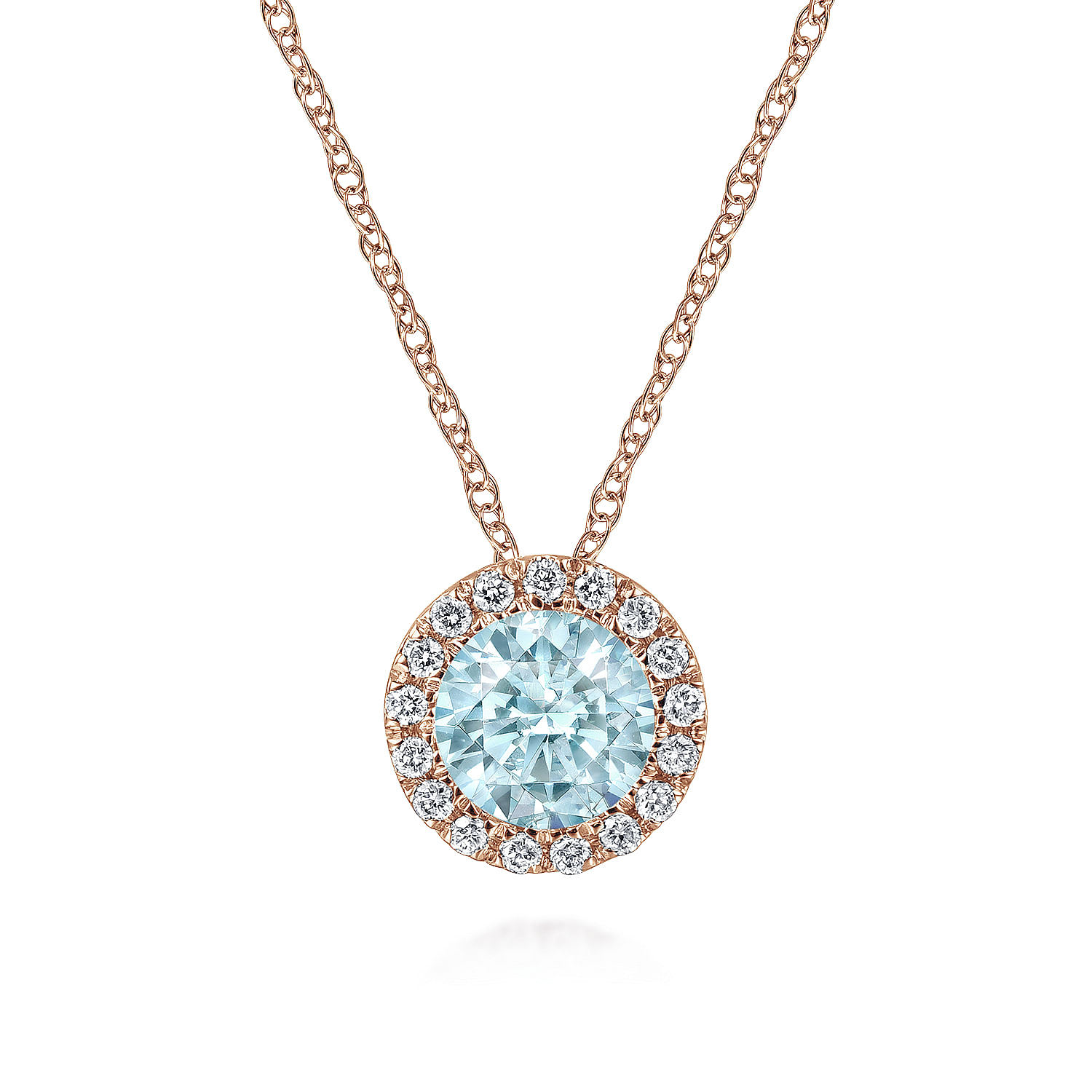 14K Rose Gold Aquamarine and Diamond Halo Pendant Necklace