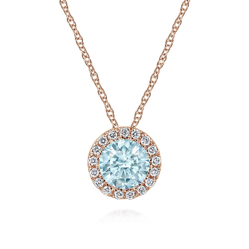 14K Rose Gold Aquamarine and Diamond Halo Pendant Necklace