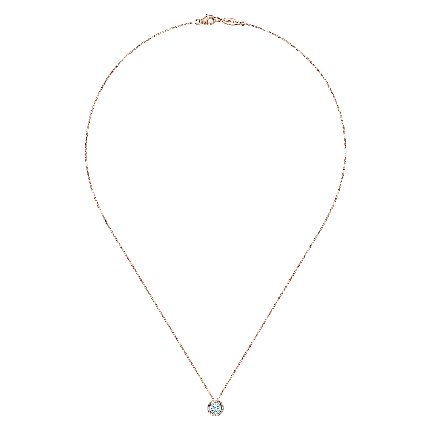 14K Rose Gold Aquamarine and Diamond Halo Pendant Necklace
