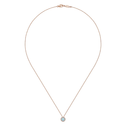 14K Rose Gold Aquamarine and Diamond Halo Pendant Necklace