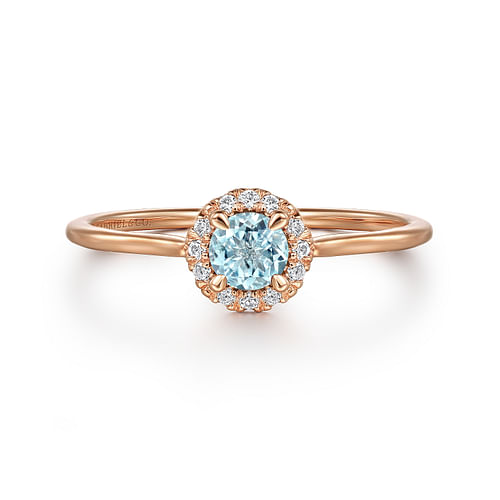 14K Rose Gold Aquamarine and Diamond Halo Promise Ring