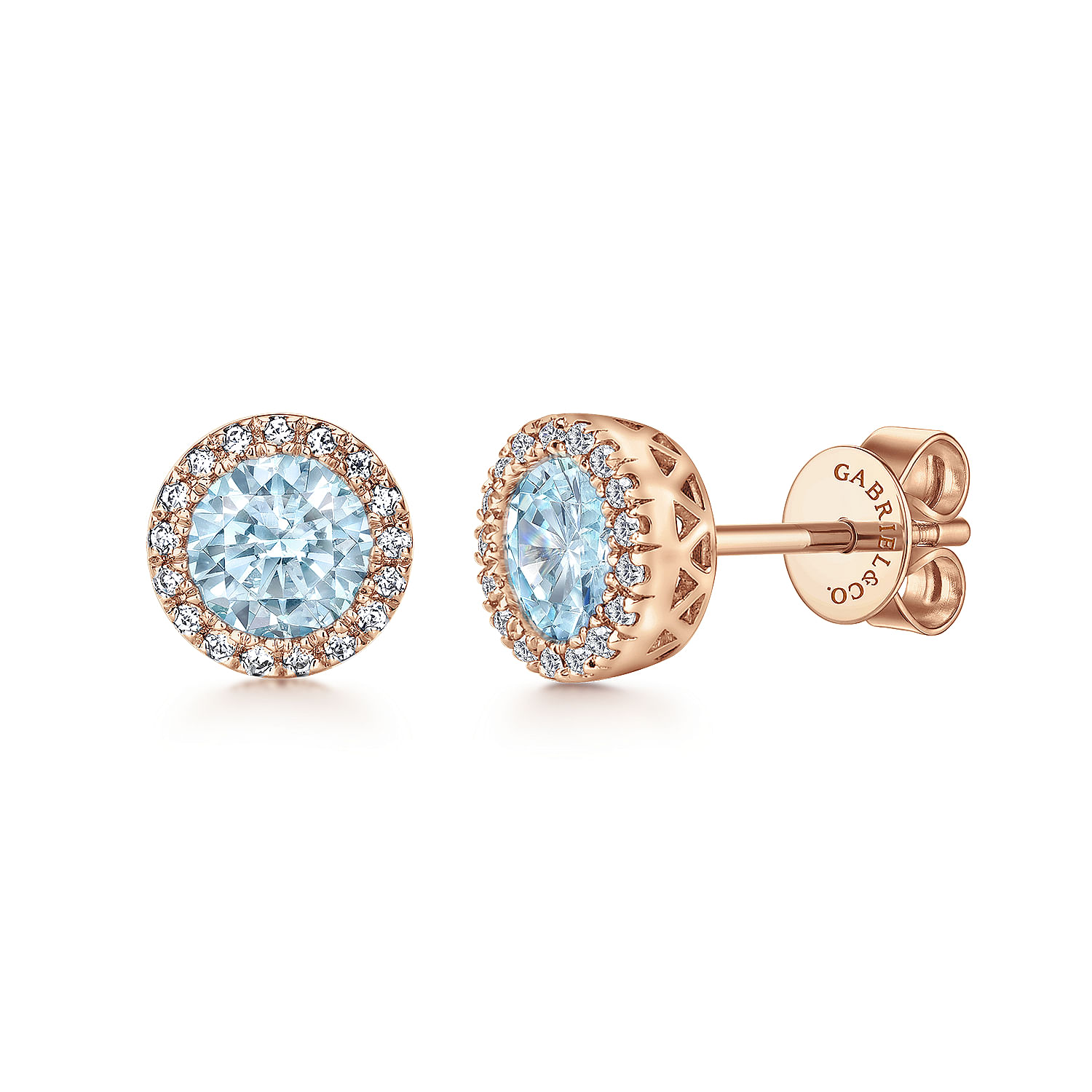 14K Rose Gold Aquamarine and Diamond Halo Stud Earrings