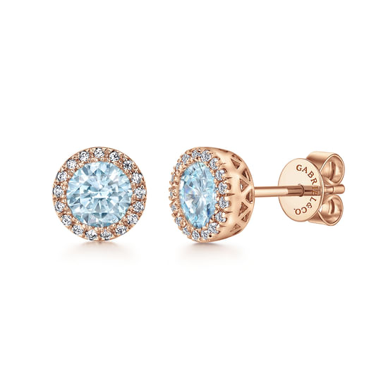 Gabriel - 14K Rose Gold Aquamarine and Diamond Halo Stud Earrings