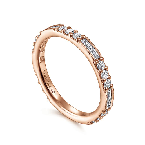 14K Rose Gold Baguette and Round Diamond Stackable Ring