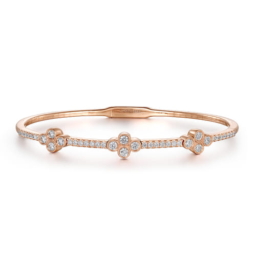 14K Rose Gold Bangle with Clover Diamond Stations 14K Rose Gold Bangle with Clover Diamond Stations