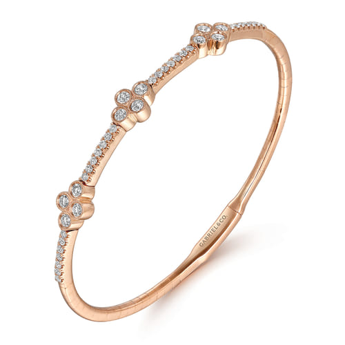 14K Rose Gold Bangle with Clover Diamond Stations 14K Rose Gold Bangle with Clover Diamond Stations