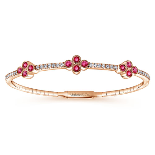 14K Rose Gold Bangle with Diamond and Ruby Quatrefoil Stations