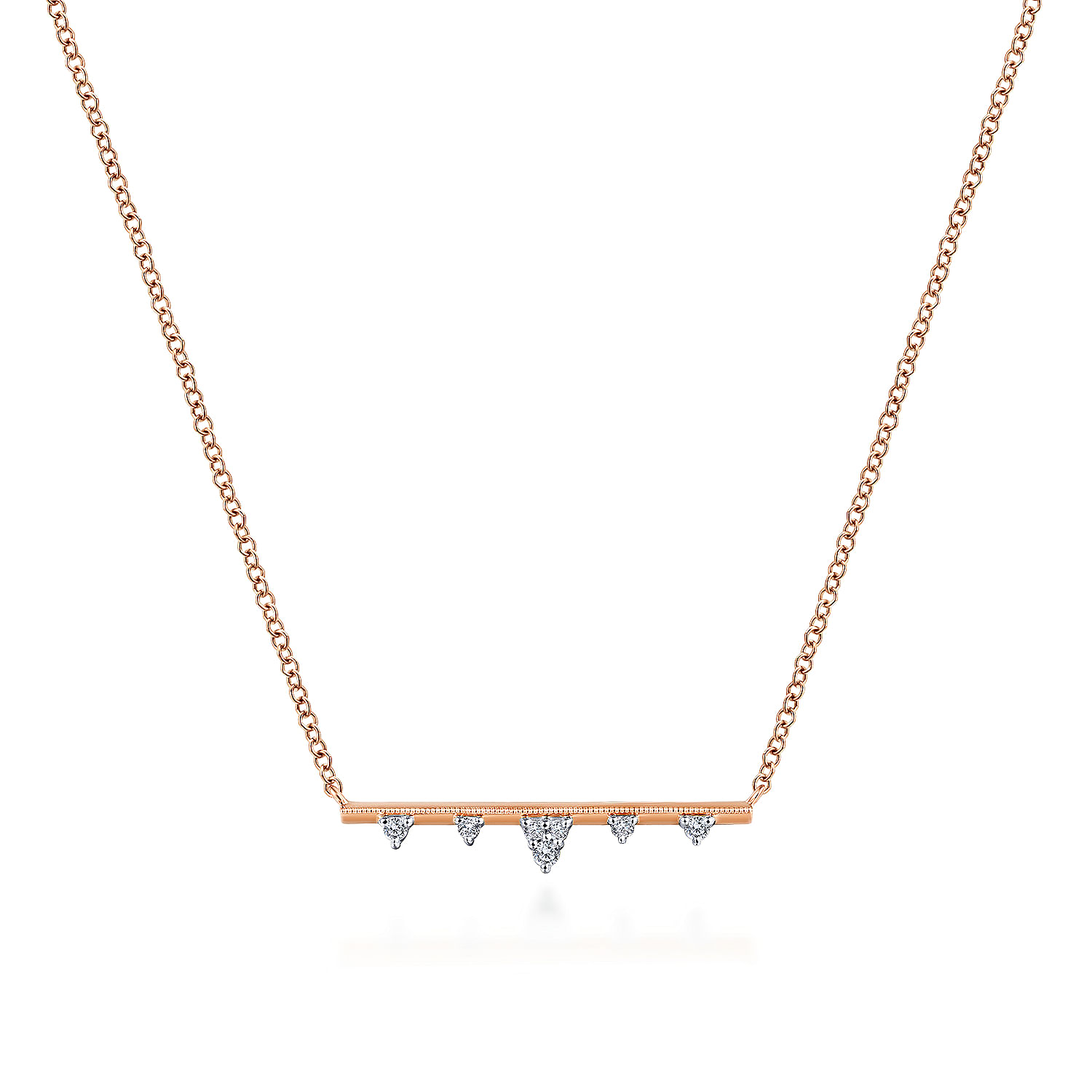 14K Rose Gold Bar Necklace with Diamond Triangle Stations
