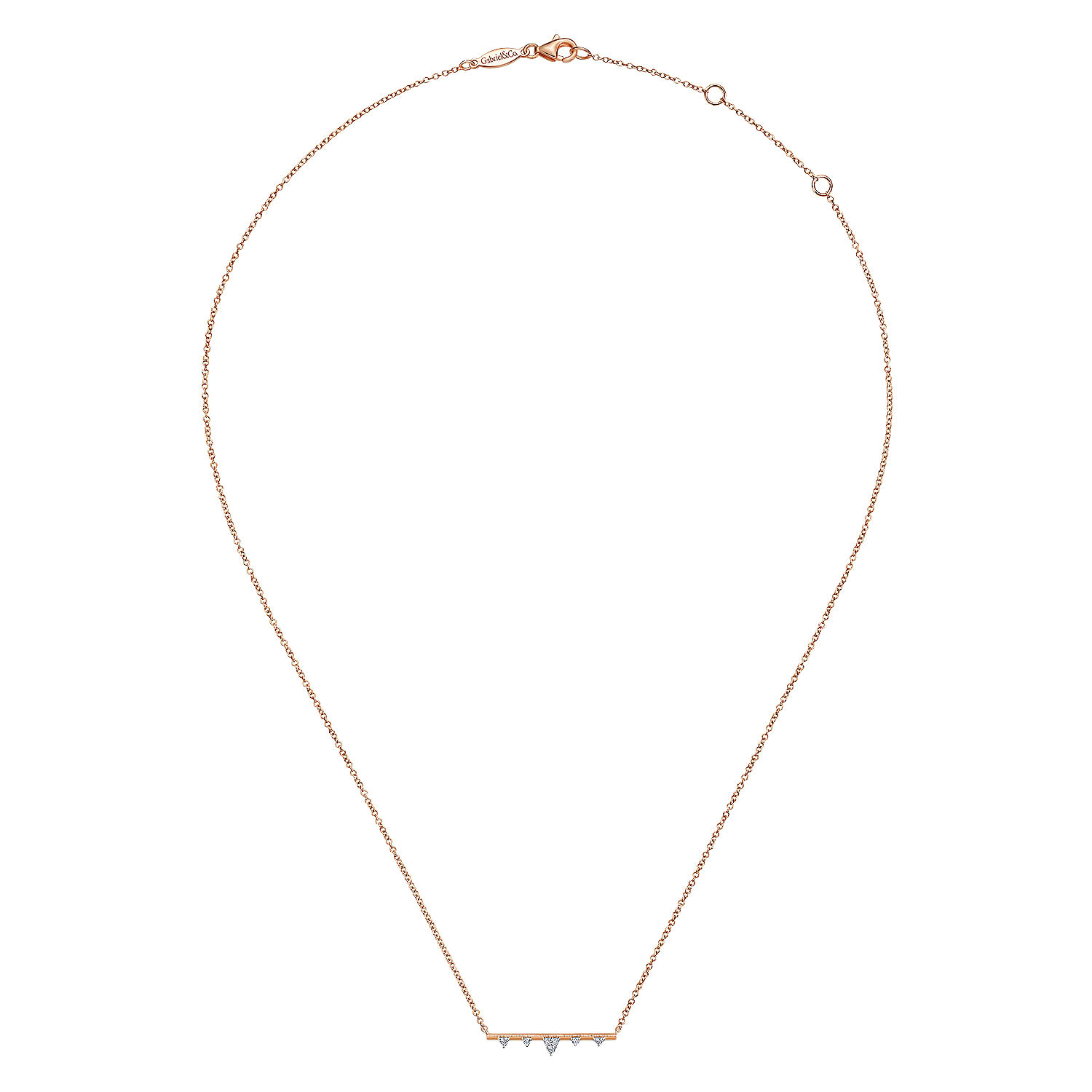 14K Rose Gold Bar Necklace with Diamond Triangle Stations