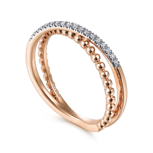14K Rose Gold Beaded Pavé Diamond Criss Cross Ring
