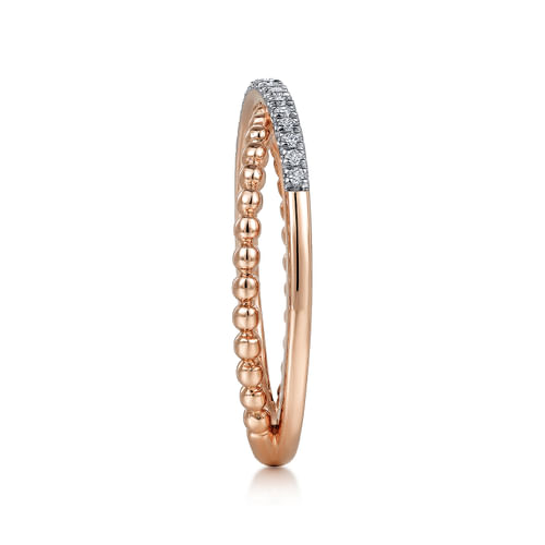 14K Rose Gold Beaded Pavé Diamond Criss Cross Ring