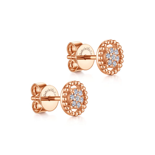 14K Rose Gold Beaded Round Diamond Cluster Stud Earrings