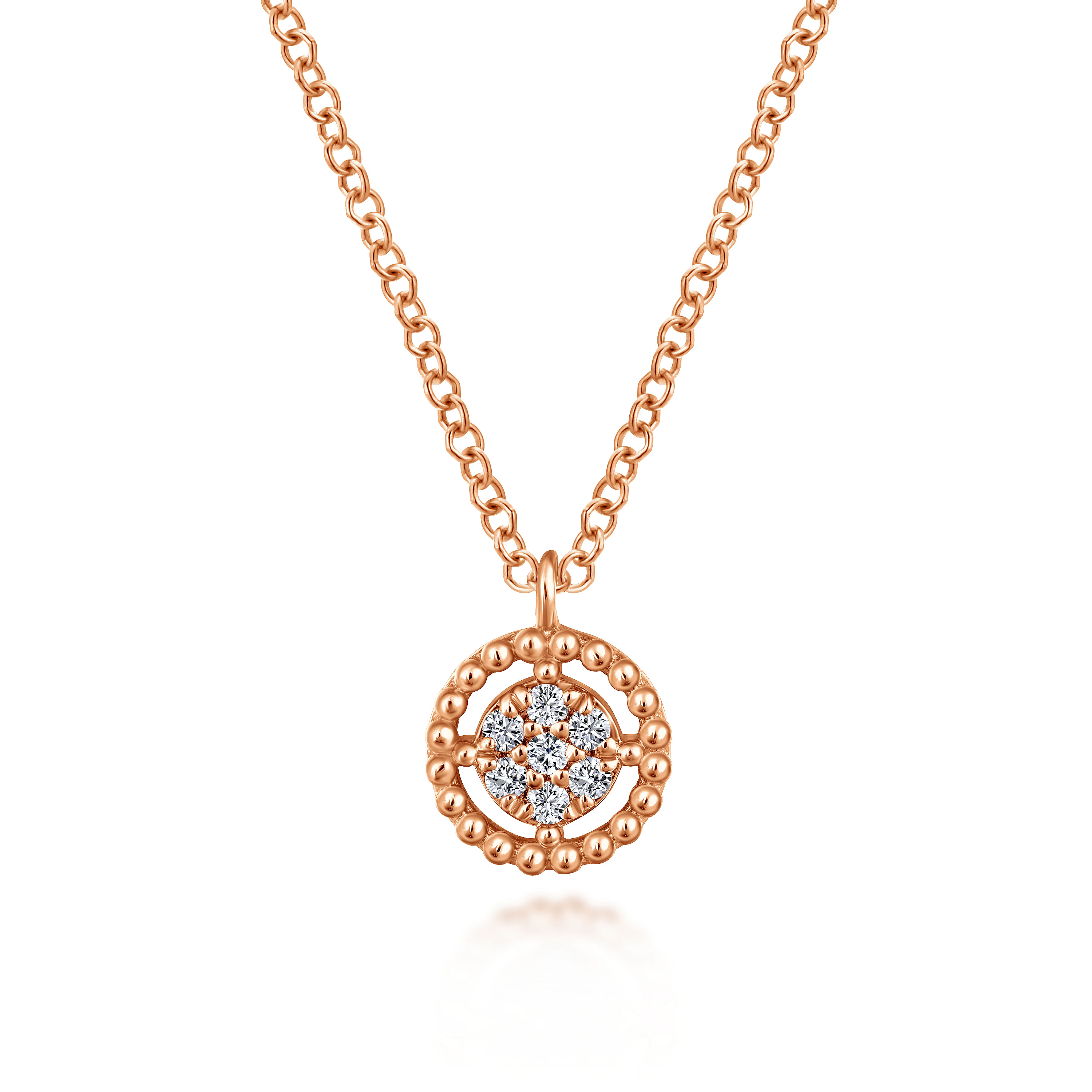 14K Rose Gold Beaded Round Floating Diamond Pendant Necklace
