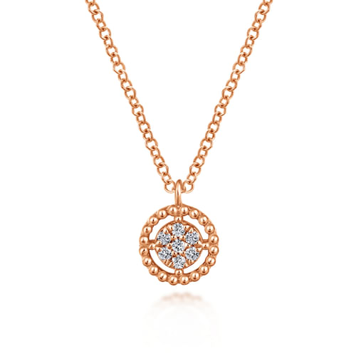 14K Rose Gold Beaded Round Floating Diamond Pendant Necklace