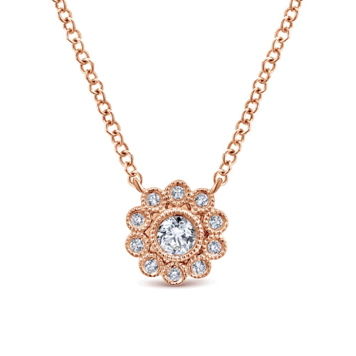 14K Rose Gold Bezel Set Floral Diamond Pendant Necklace