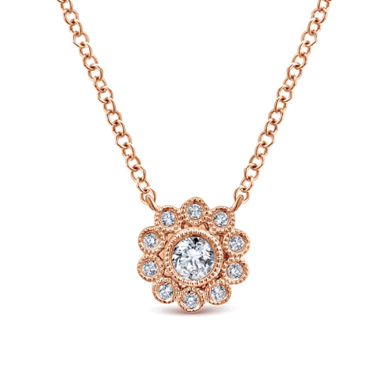 Gabriel - 14K Rose Gold Bezel Set Floral Diamond Pendant Necklace