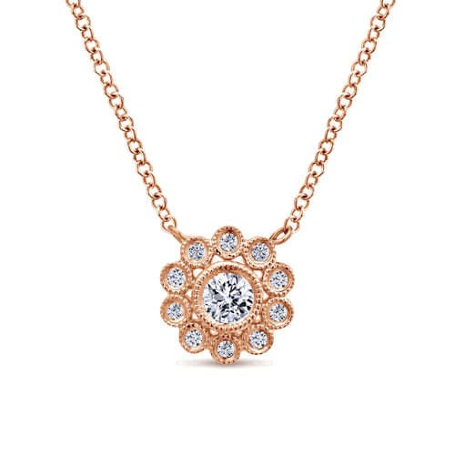14K Rose Gold Bezel Set Floral Diamond Pendant Necklace