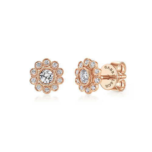 14K Rose Gold Bezel Set Round Diamond Flower Stud Earrings