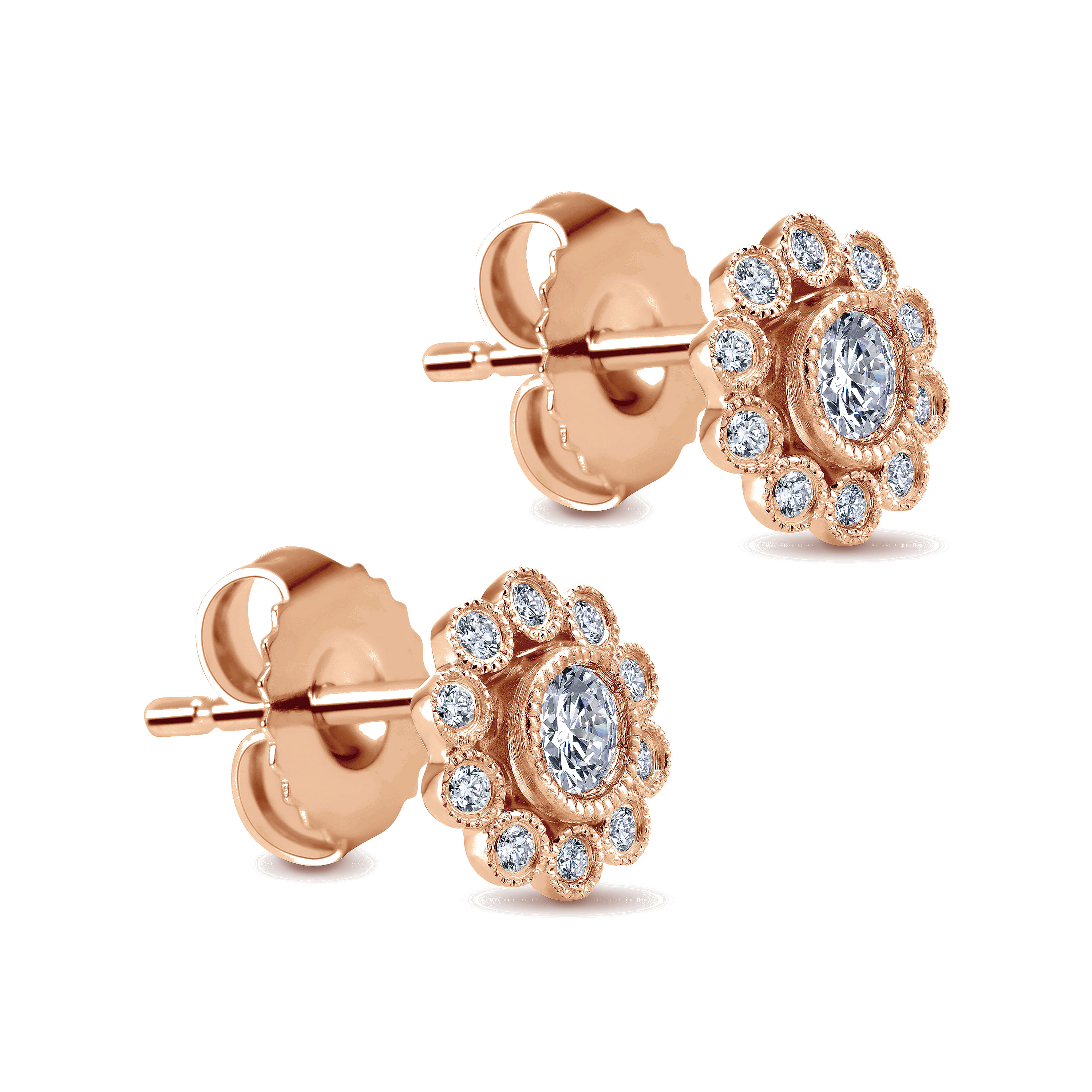 14K Rose Gold Bezel Set Round Diamond Flower Stud Earrings