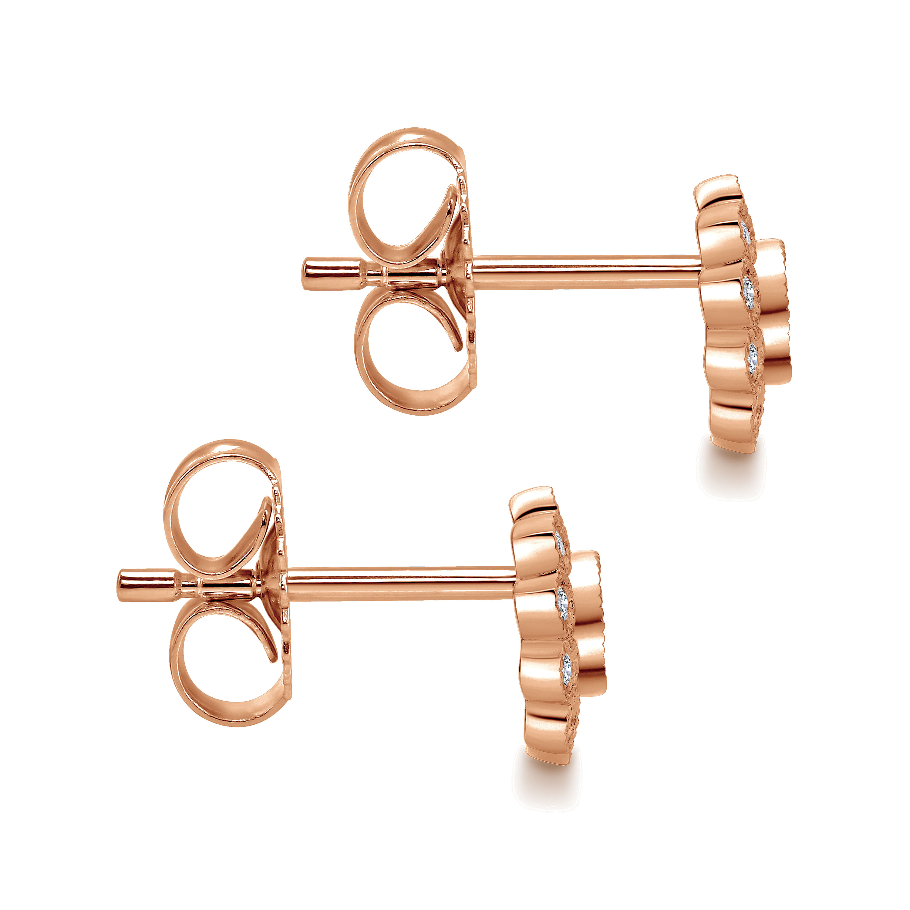 14K Rose Gold Bezel Set Round Diamond Flower Stud Earrings