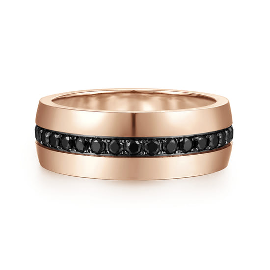 14K Rose Gold Black Diamond Mens Wedding Band in High Polished Finish