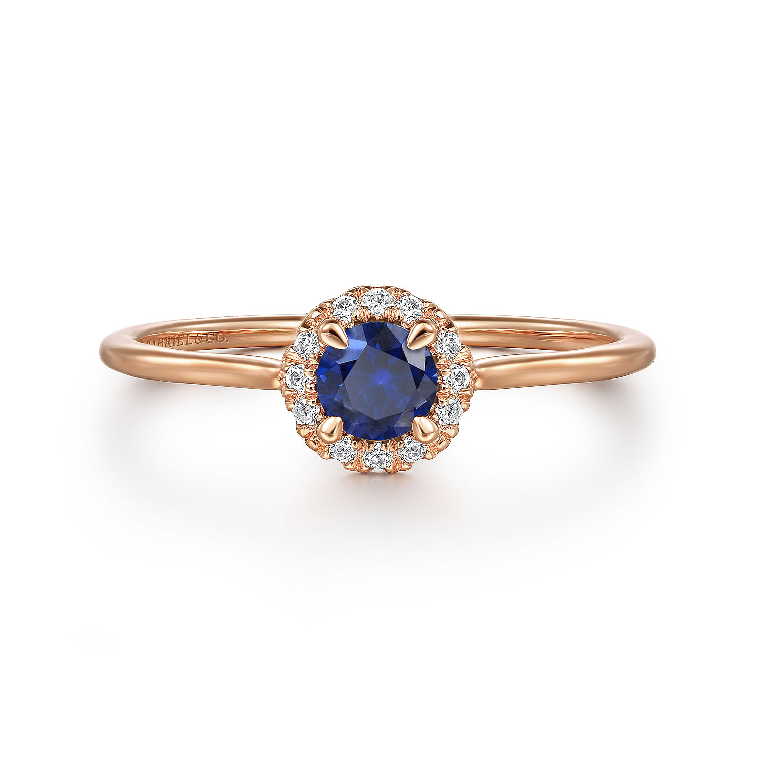 14K Rose Gold Blue Sapphire and Diamond Halo Promise Ring