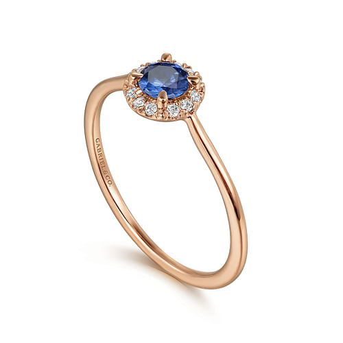 14K Rose Gold Blue Sapphire and Diamond Halo Promise Ring