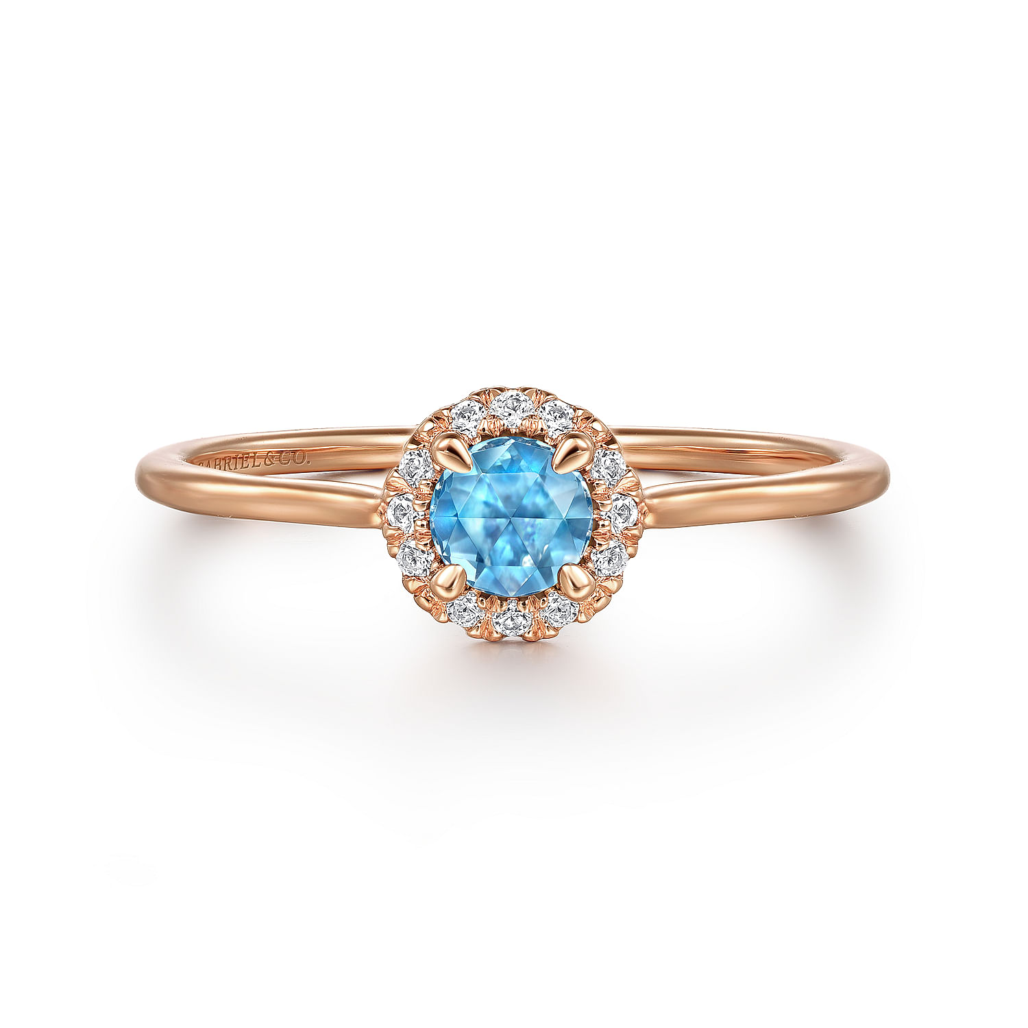 Gabriel - 14K Rose Gold Blue Topaz and Diamond Halo Promise Ring