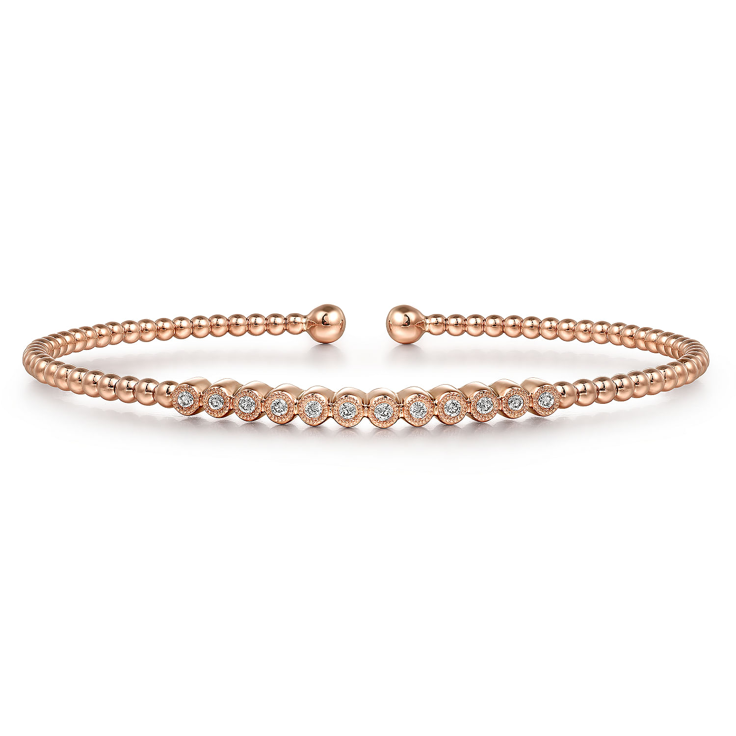 14K Rose Gold Bujukan Bead Cuff Bracelet with Bezel Set Diamond Stations