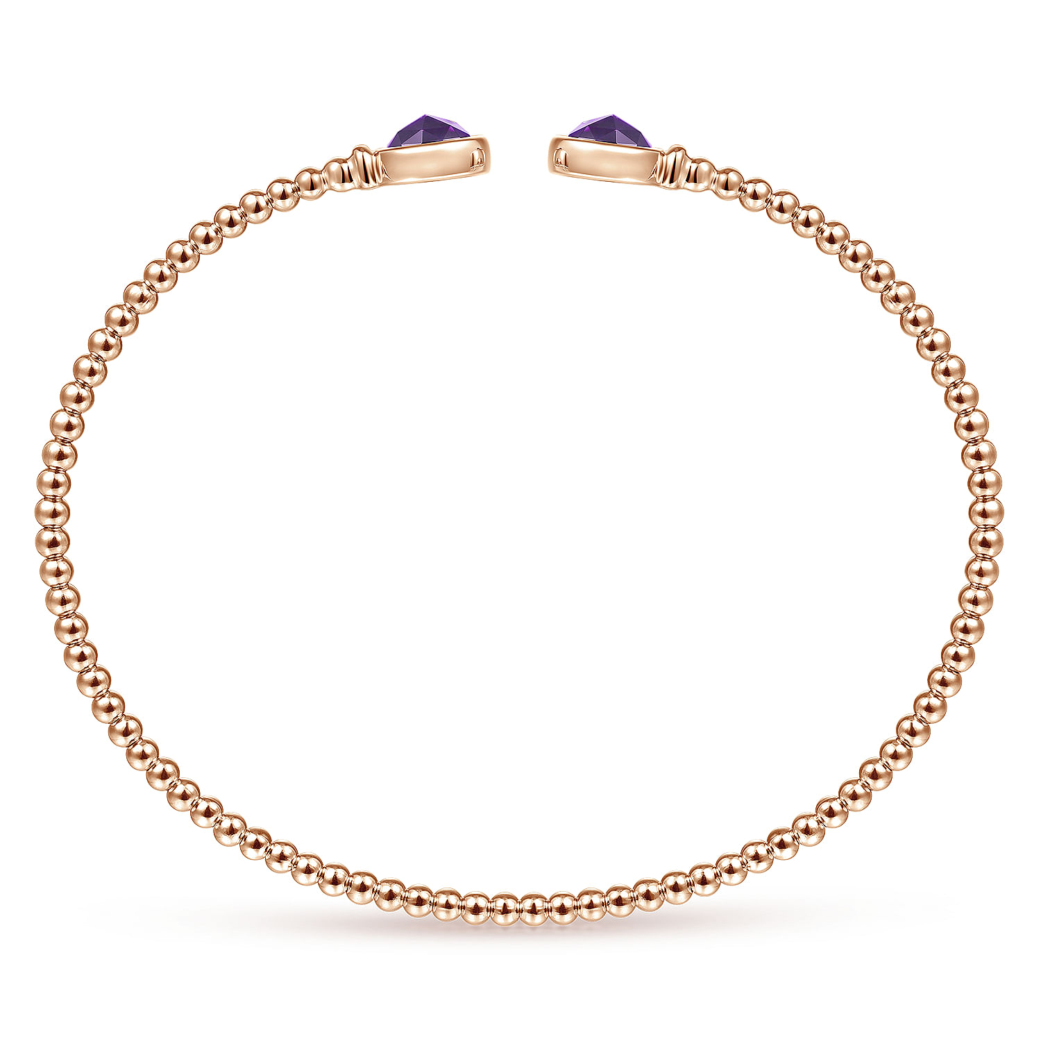 14K Rose Gold Bujukan Bead Cuff Bracelet with Bezel Set Round Amethyst