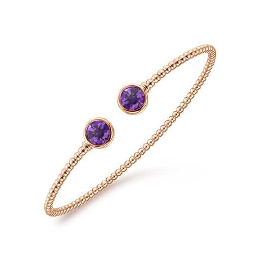 14K Rose Gold Bujukan Bead Cuff Bracelet with Bezel Set Round Amethyst