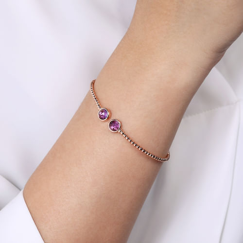 14K Rose Gold Bujukan Bead Cuff Bracelet with Bezel Set Round Amethyst