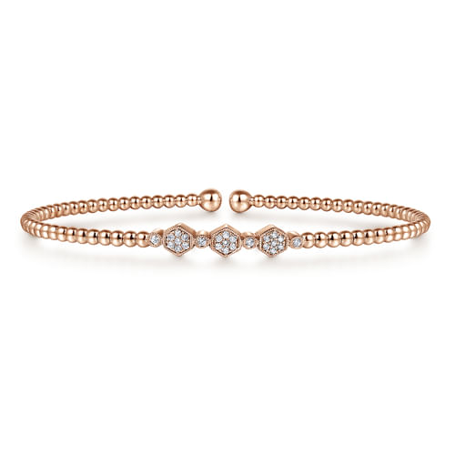 14K Rose Gold Bujukan Bead Cuff Bracelet with Cluster Diamond Hexagon Stations