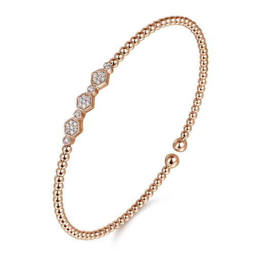 14K Rose Gold Bujukan Bead Cuff Bracelet with Cluster Diamond Hexagon Stations