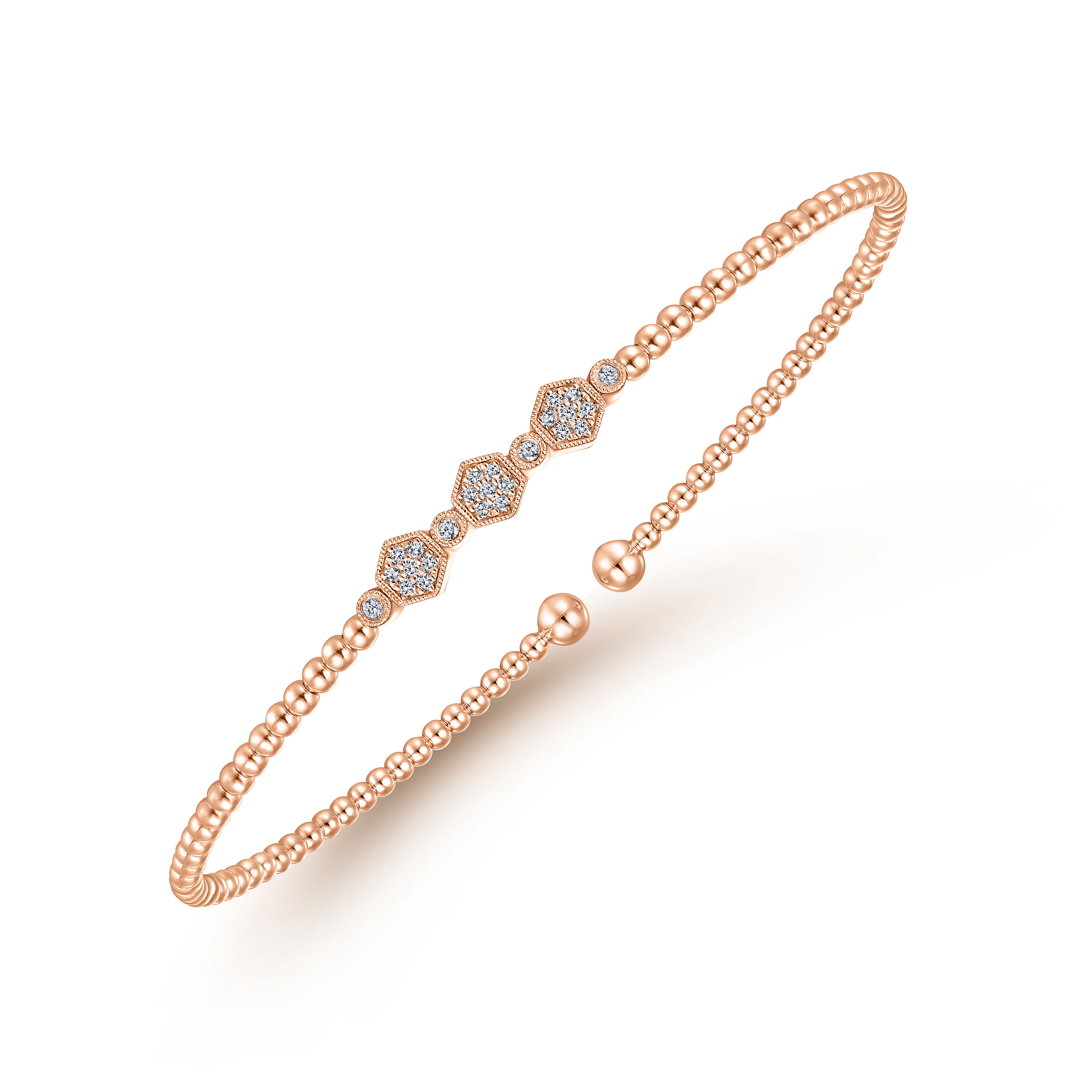 14K Rose Gold Bujukan Bead Cuff Bracelet with Cluster Diamond Hexagon Stations