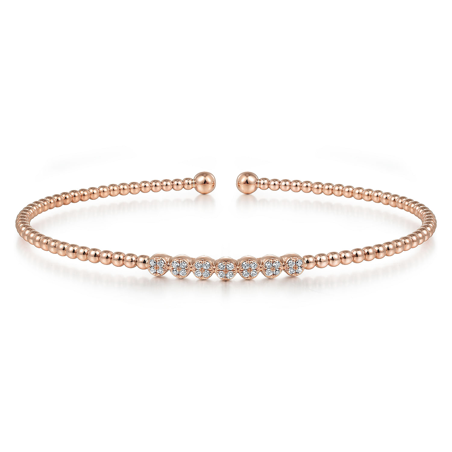 14K Rose Gold Bujukan Bead Cuff Bracelet with Cluster Diamond Stations