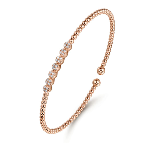 14K Rose Gold Bujukan Bead Cuff Bracelet with Cluster Diamond Stations