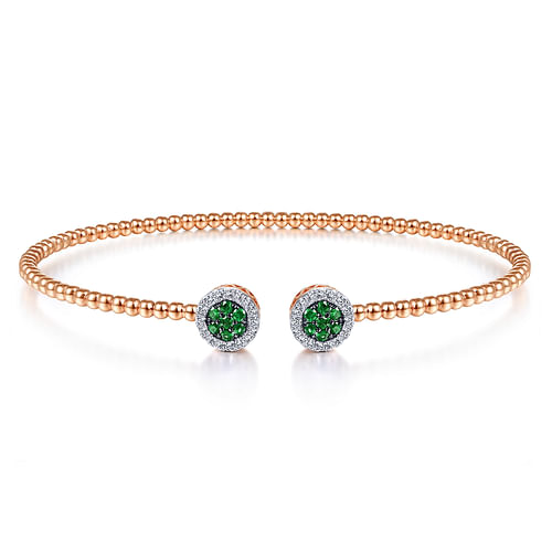 14K Rose Gold Bujukan Bead Cuff Bracelet with Emerald and Diamond Halo Caps