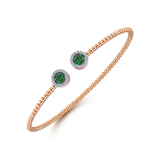 14K Rose Gold Bujukan Bead Cuff Bracelet with Emerald and Diamond Halo Caps