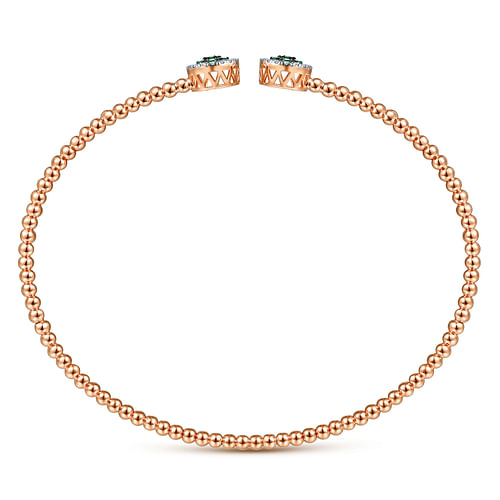 14K Rose Gold Bujukan Bead Cuff Bracelet with Emerald and Diamond Halo Caps