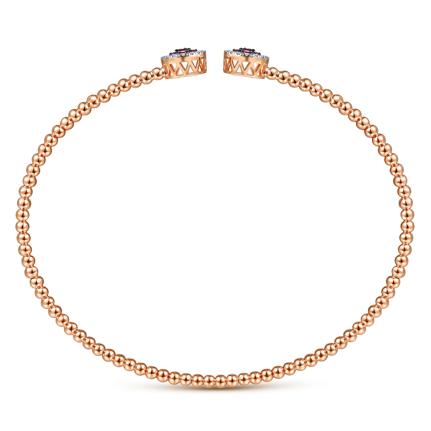 14K Rose Gold Bujukan Bead Cuff Bracelet with Ruby and Diamond Halo Caps
