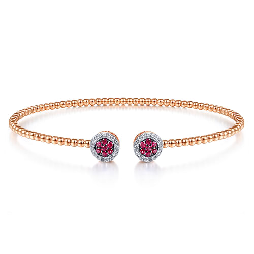 14K Rose Gold Bujukan Bead Cuff Bracelet with Ruby and Diamond Halo Caps