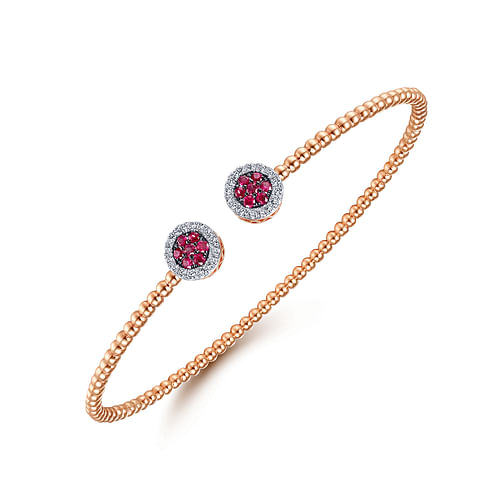 14K Rose Gold Bujukan Bead Cuff Bracelet with Ruby and Diamond Halo Caps