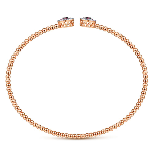 14K Rose Gold Bujukan Bead Cuff Bracelet with Ruby and Diamond Halo Caps