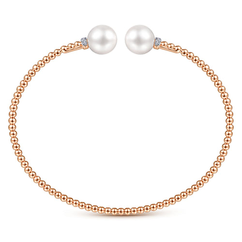 14K Rose Gold Bujukan Bead Split Bracelet with Pearl and Diamond Caps